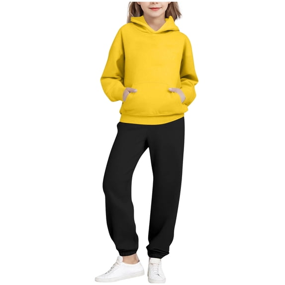 Juorvia Girls Kids 2 Piece Outfit Sweatsuit Loose Fitted Hoodies Elastic Waist Joggers with Pocket(4-5 Years,Yellow)