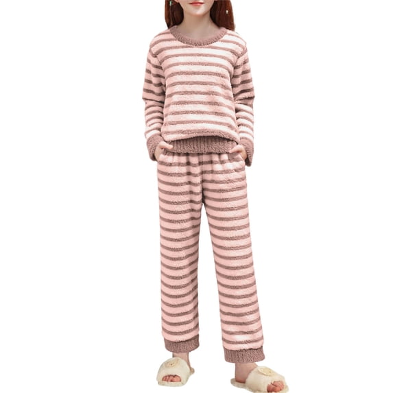 Juorvia Girls 2 Piece Outfits Loungewear Fleece Loose Fitted Stripe Crew Neck Tops Trousers with Pockets(14-15Years,Pink)