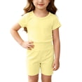 thumbnail image 1 of Juorvia Girls Summer Outfits 2pc Toddler Knitted Ribbed Classic Fitted Crew Neck T-Shirts High Waist Shorts(18-19 Months,Yellow), 1 of 6