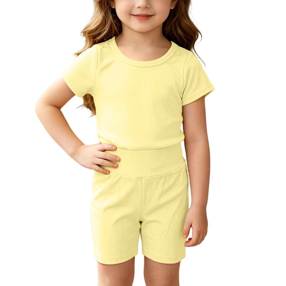 Juorvia Girls Summer Outfits 2pc Toddler Knitted Ribbed Classic Fitted Crew Neck T-Shirts High Waist Shorts(18-19 Months,Yellow)