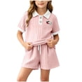 thumbnail image 1 of Juorvia Girls Summer Outfits 2pc Toddler Tween Sweatsuit Loose Fitted Collared T-Shirts Drawstring Waist Shorts(10-11 Years,Pink), 1 of 7