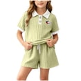 thumbnail image 1 of Juorvia Girls Summer Outfits 2pc Toddler Tween Sweatsuit Loose Fitted Collared T-Shirts Drawstring Waist Shorts(5-6 Years,Green), 1 of 7