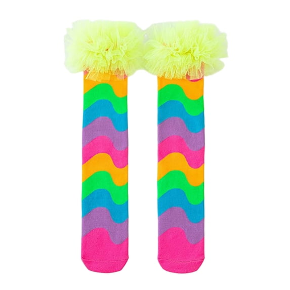 Juorvia Kids Cotton Socks Colorful Wavy Stripe Knee High Mesh Spliced(Free Size,Green)