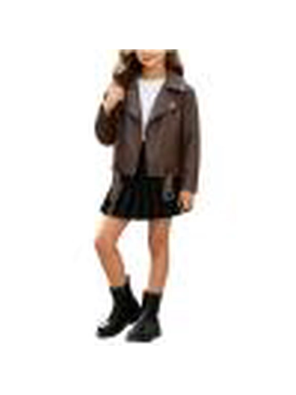 Leather Jacket for Girls Lapel Collared Buckle Strap Hem Cropped Zip-Up Long Sleeve Outerwear(5-6 Years,Brown)