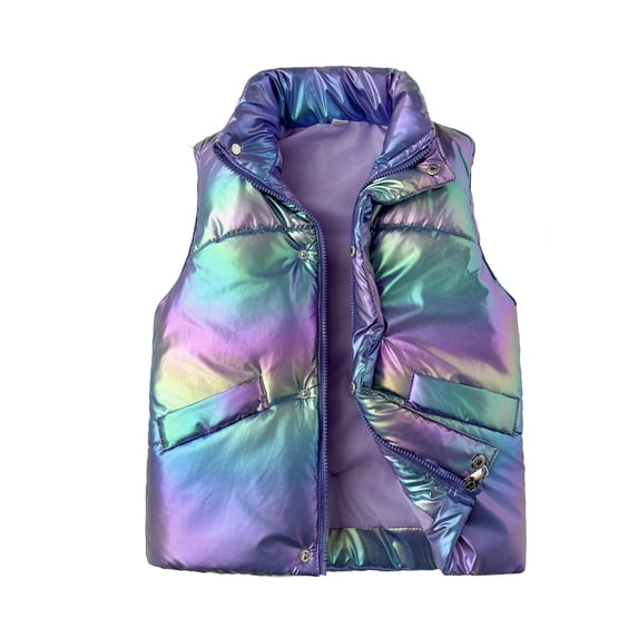 Juorvia Lightweight Puffer Vest for Girls Colorful Sleeveless Hooded Jacket Stand Collared with Pockets(10-11 Years,Purple)