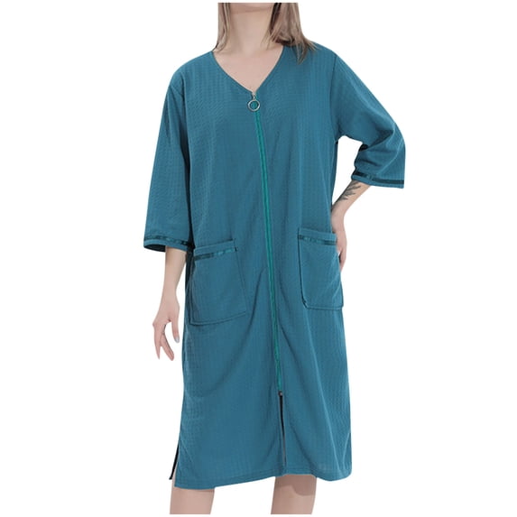 Juorvia Robe for Women Zip up V-Neck 3/4 Sleeve Loose Fitted Side Slit Hem Midi Bathrobe with Pockets(X-Large,Green)
