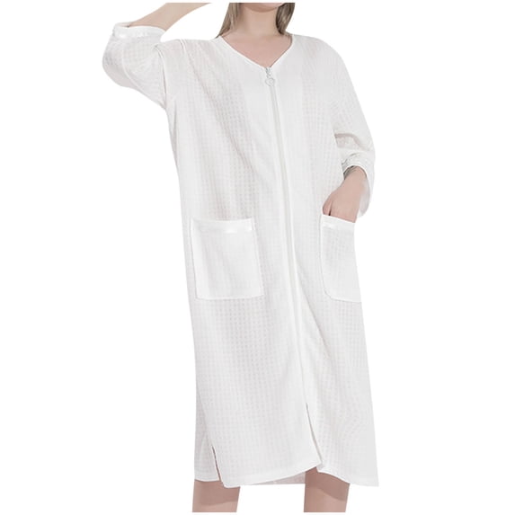 Juorvia Robe for Women Zip up V-Neck 3/4 Sleeve Loose Fitted Side Slit Hem Midi Bathrobe with Pockets(X-Large,White)