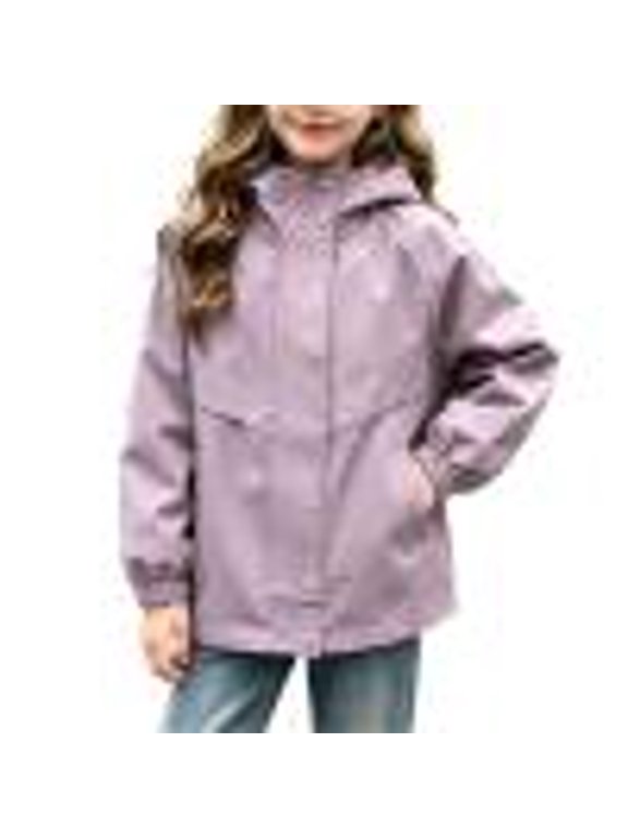 Softshell Jacket for Girls Hooded Mock Neck Lightweight Loose Fitted Outerwear with Pockets(5-6 Yares,Purple)