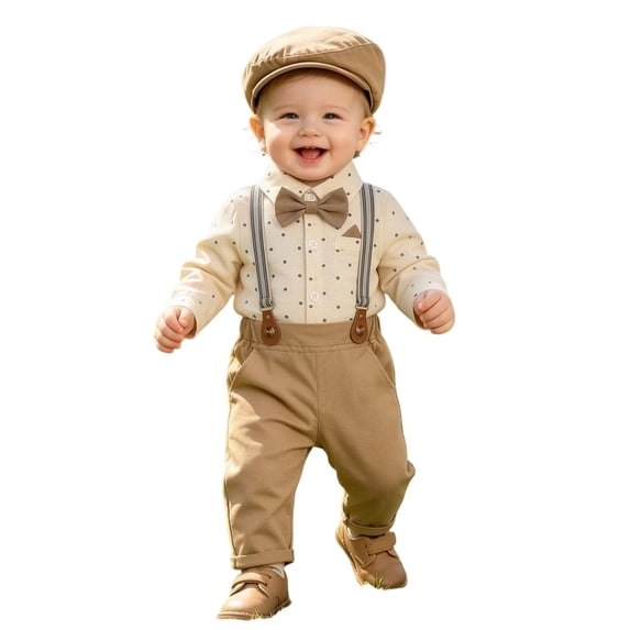 Juorvia Suspender Pants Sets for Little Boys 4pc Gentleman Wedding Suits Collared Tops with Matching Hat Bow Tie(0-3 Months,Tan)