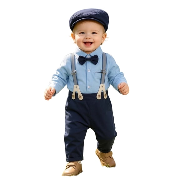 Juorvia Suspender Pants Sets for Little Boys 4pc Gentleman Wedding Suits Collared Tops with Matching Hat Bow Tie(6-12 Months,blue)