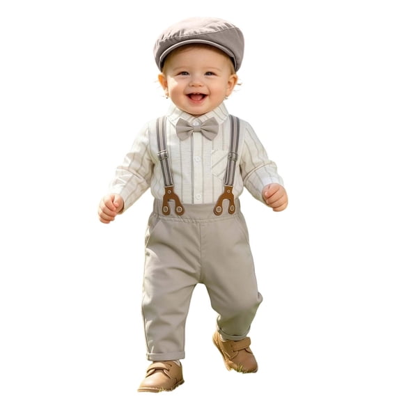 Juorvia Suspender Pants Sets for Little Boys 4pc Gentleman Wedding Suits Collared Tops with Matching Hat Bow Tie(6-12 Months,grey)
