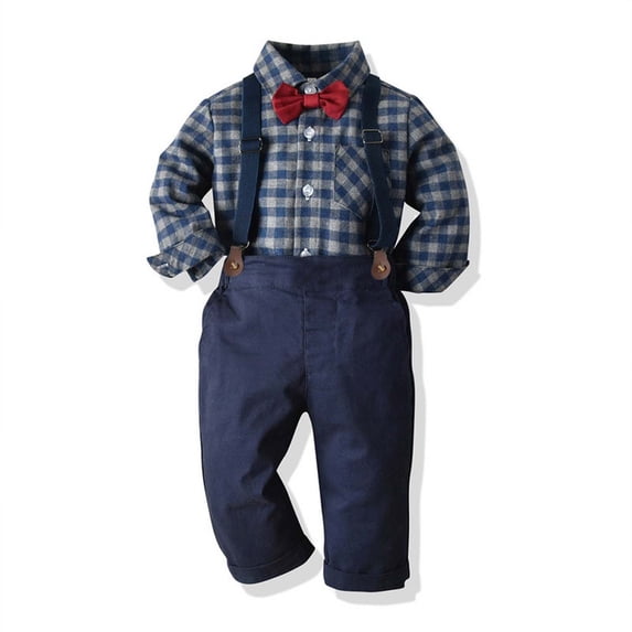 Juorvia Suspenders Pants for Boys Kids 3pc Classic Fitted Collared Pants with Pockets Matching Bow Tie(1-2 Years,Navy)