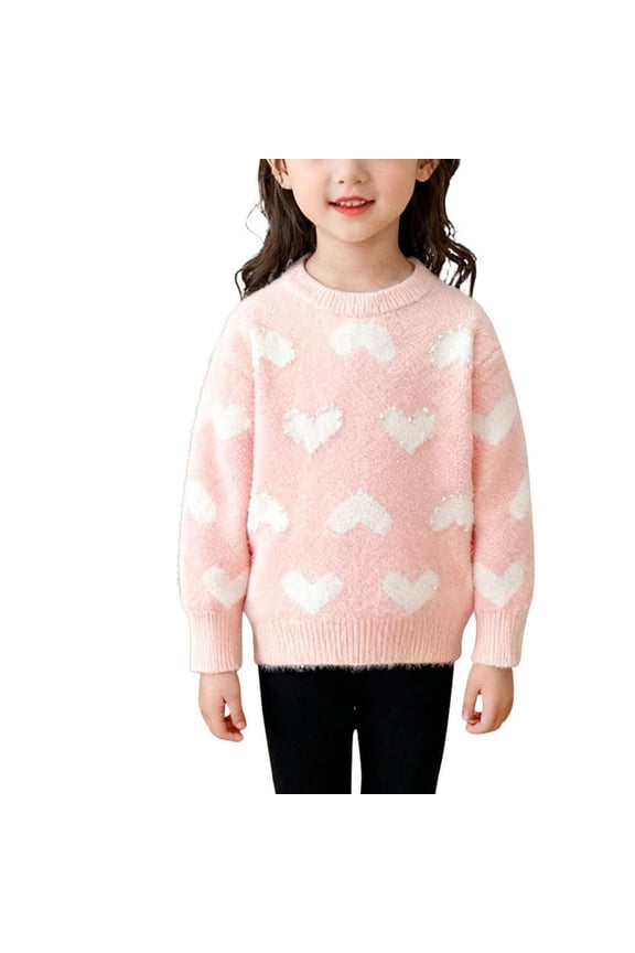 Sweaters for Girls Tween Loose Fitted Crew Neck Heart Print Knitted Pullover Fall School Tops(3-4 Years,Pink)