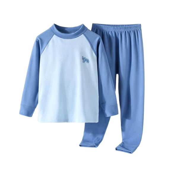 Juorvia Thermal Loungewear Sets Girls Kids Lightweight Fleece Crew Neck Tops Tapered Pants Color Spliced(3-4 Years,Blue)