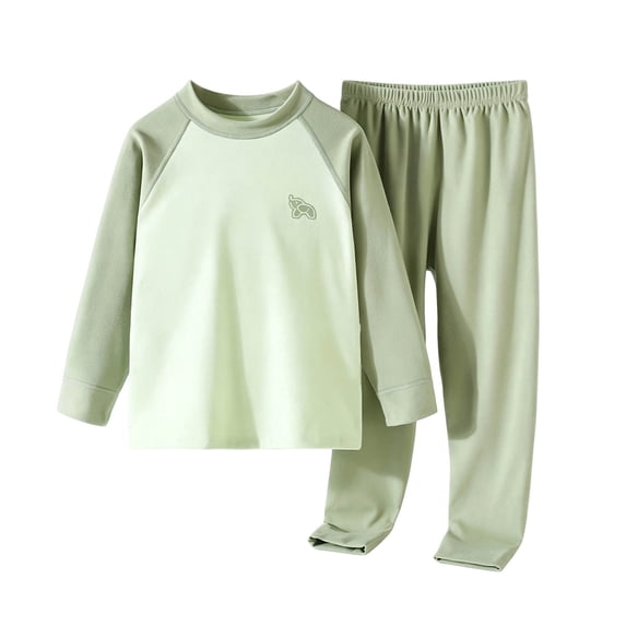 Juorvia Thermal Loungewear Sets Girls Kids Lightweight Fleece Crew Neck Tops Tapered Pants Color Spliced(5-6 Years,Green)