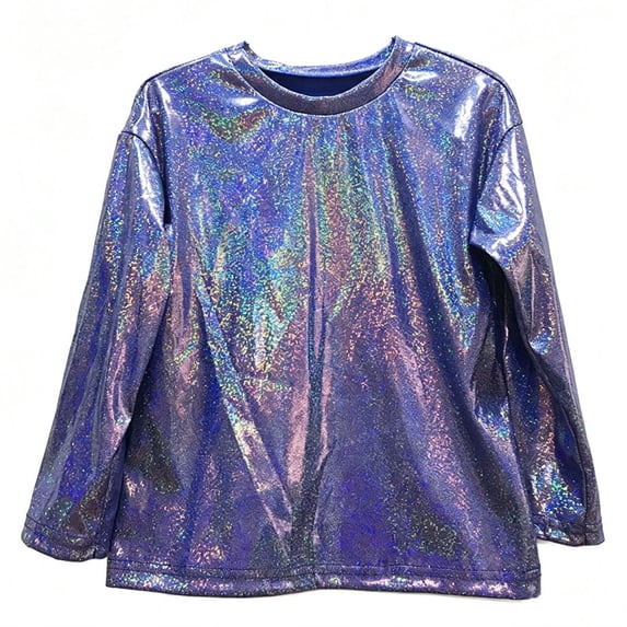 Juorvia Tops for Girls Kids Loose Fitted Crew Neck Long Sleeve Blouse Sequin Dance Performance Stage(7-8Years,Blue)