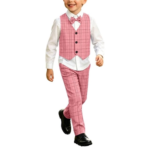 Juorvia Vest Suit Set Boys Kids Formal Outfit Collared Button down Shirts Dress Pants with Bow Tie Plaid(1-2Years,Red)