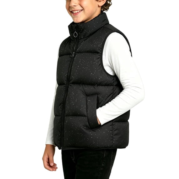 Juorvia Warm Puffer Vest for Boys Loose Fitted Stand Collar Zip-Up Speckled Print Outerwear with Pockets(11-12 Years,Black)