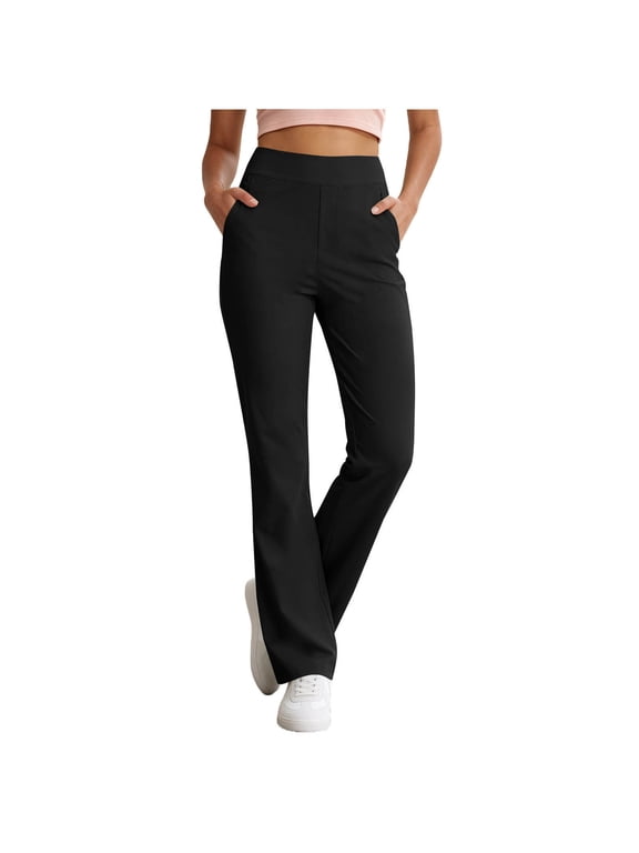 Yoga Pants Women Slim Fitted Micro Flare Dress Slacks High Waist Solid Color Trousers with Pockets(XX-Large,Black)