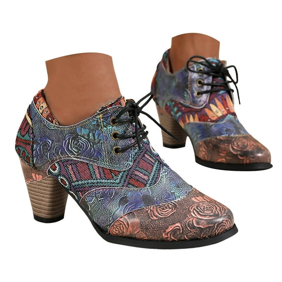 Juosiy Ankle Boots for Women Vintage Floral Print Pointed Toe Mid Heel Lace Up Short Booties