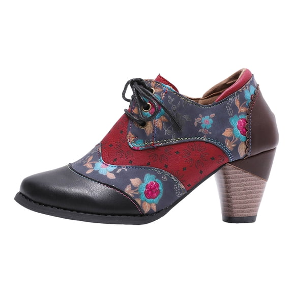 Juosiy Ankle Boots for Women Vintage Floral Print Pointed Toe Mid Heel Lace Up Short Booties