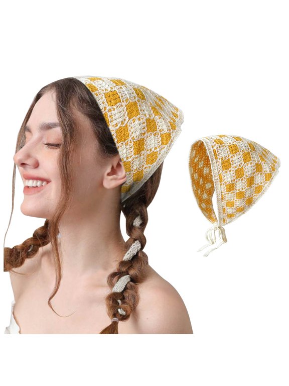 Black and White Checker Headbands For Women Hippie Knit Hollow-out Headband For Girls Wide Head Bands Floral Crochet Headwrap