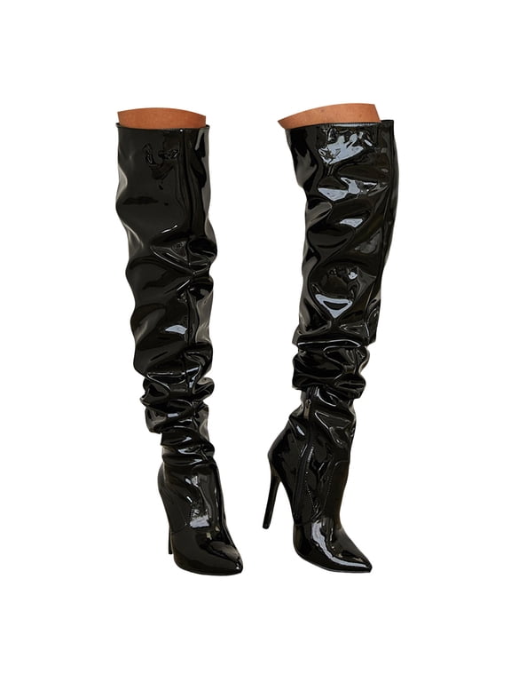 Boots for Women Knee High Pleated Pointed Toe Stiletto High Heel Closed Toe Pull on Long Booties