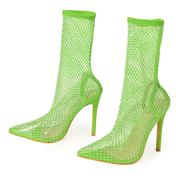 Juosiy Boots for Women Mesh High Heel Stiletto Fishnet Dressy Sandals Cutout Bling Rhinestones Ankle Sock Booties