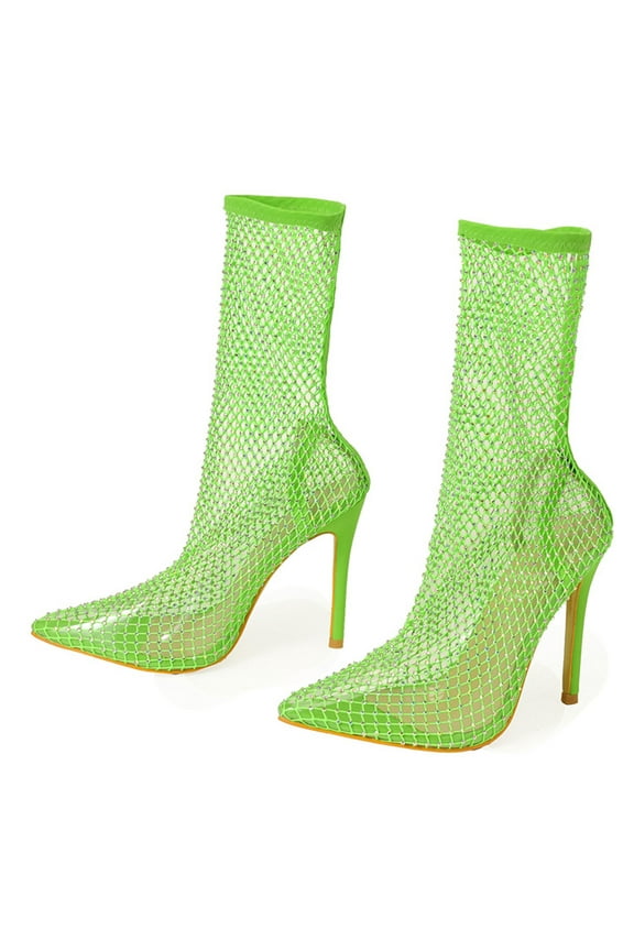 Boots for Women Mesh High Heel Stiletto Fishnet Dressy Sandals Cutout Bling Rhinestones Ankle Sock Booties