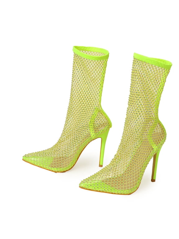 Boots for Women Mesh High Heel Stiletto Fishnet Dressy Sandals Cutout Bling Rhinestones Ankle Sock Booties