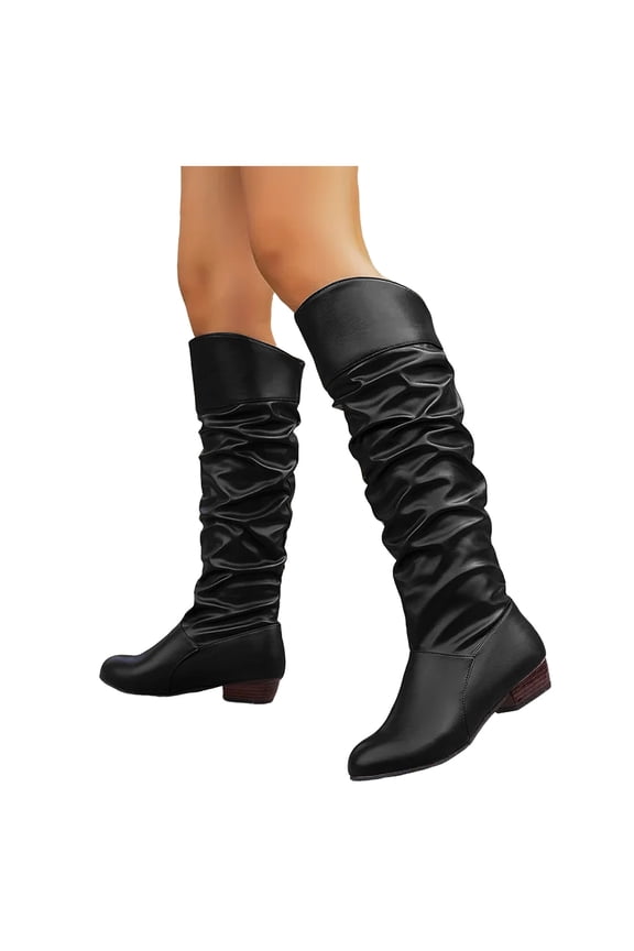 Boots for Women Slouchy Leather Low Heels Knee High Booties Comforthable Winter Warm Shoes