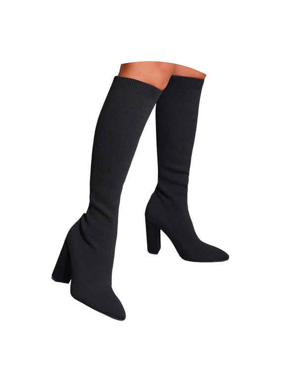 Boots for Women Stretch Knit Knee High Heel Fall Winter Non Slip Work Dressy Shoes