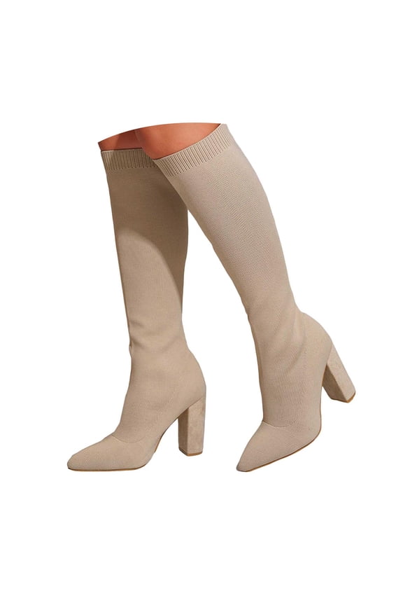 Boots for Women Stretch Knit Knee High Heel Fall Winter Non Slip Work Dressy Shoes