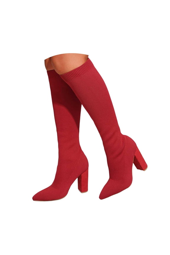 Boots for Women Stretch Knit Knee High Chunky Heel Fall Winter Non Slip Work Dressy Shoes