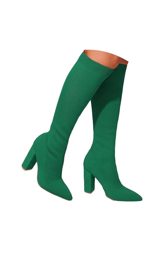 Boots for Women Stretch Knit Knee High Heel Fall Winter Non Slip Work Dressy Shoes