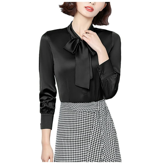 Juosiy Bowtie Shirt Long Sleeve Satin Blouse Top Ribbon Tie Glossy Stylish Elegant Open Front Commuting To Work Clothes Invitations