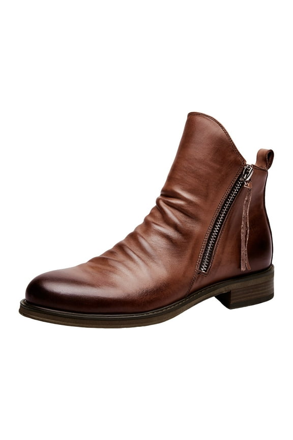 Cowboy Boots for Men Western Ankle Booties with Side Zipper Breathable Leather Dress Shoes