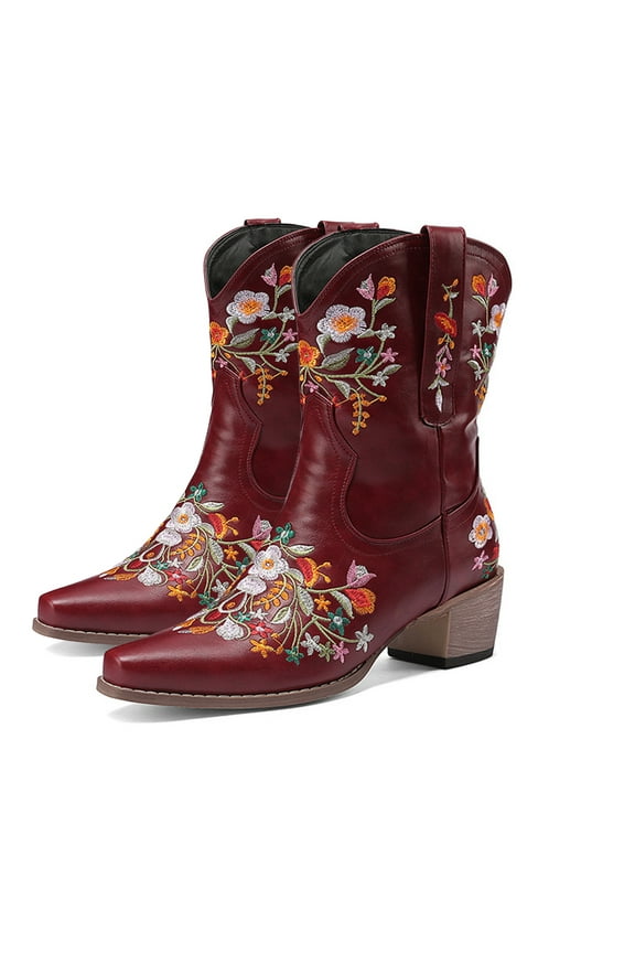 Cowboy Boots for Women Fashion Embroidery Pointed Toe Low Heel Casual Mid Calf Booties