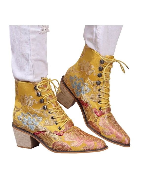 Cowboy Boots for Women Vintage Floral Embroidered Lace Up Mid Block Heels Pointed Toe Ankle Booties