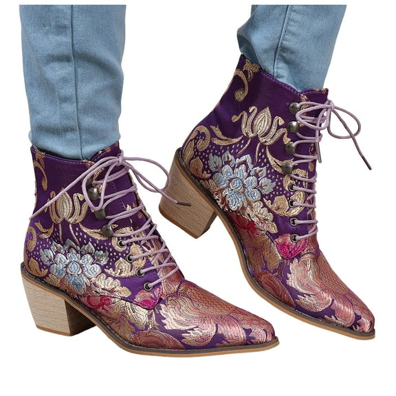 Juosiy Cowboy Boots for Women Vintage Floral Embroidered Lace Up Mid Block Heels Pointed Toe Ankle Booties