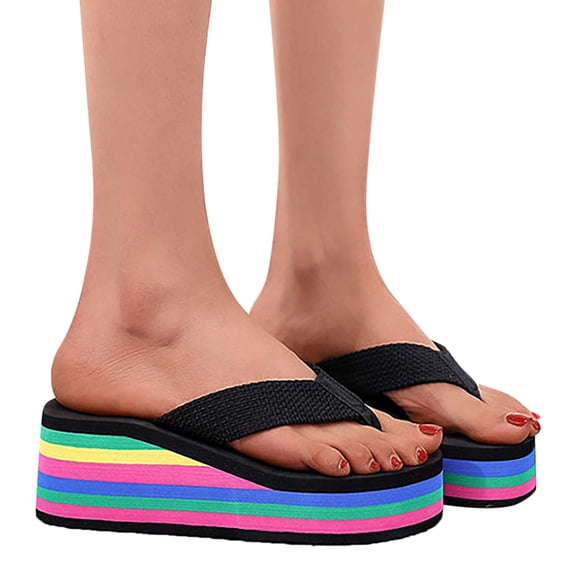 Juosiy Flip Flops for Women Wedge Platform Sandals Rainbow Printed Sole Comfortable Slip On Shoes