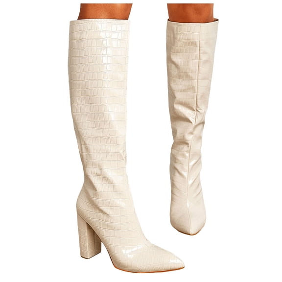 Juosiy Knee High Boots for Women Chunky Heel Wide Calf Riding Booties Classic Dressy Heels Shoes