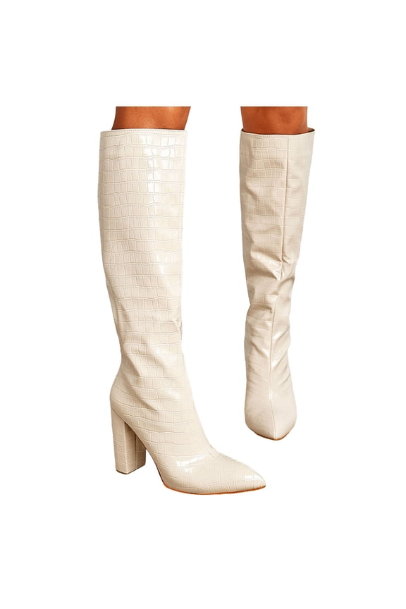 Knee High Boots for Women Chunky Heel Wide Calf Riding Booties Classic Dressy Heels Shoes