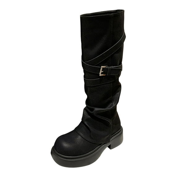 Juosiy Women's Combat Riding Platform Knee High Boots Comfortable Platform Moto Buckle Dress Fold Over Boots