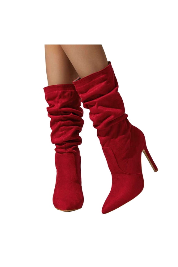 Knee High Boots for Women Wide Calf Slouchy Stiletto High Heels Faux Suede Pull On Booties