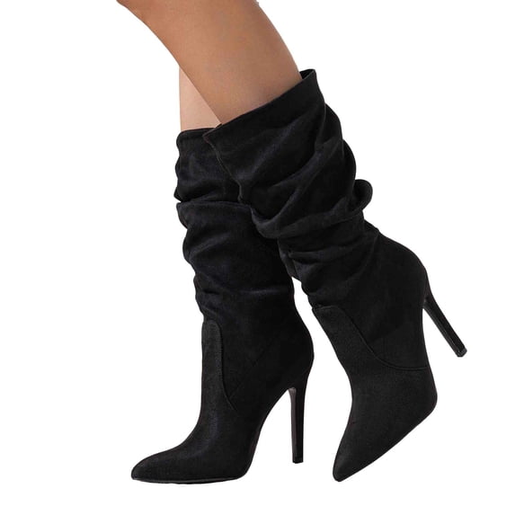 Juosiy Knee High Boots for Women Wide Calf Slouchy Stiletto High Heels Faux Suede Pull On Booties