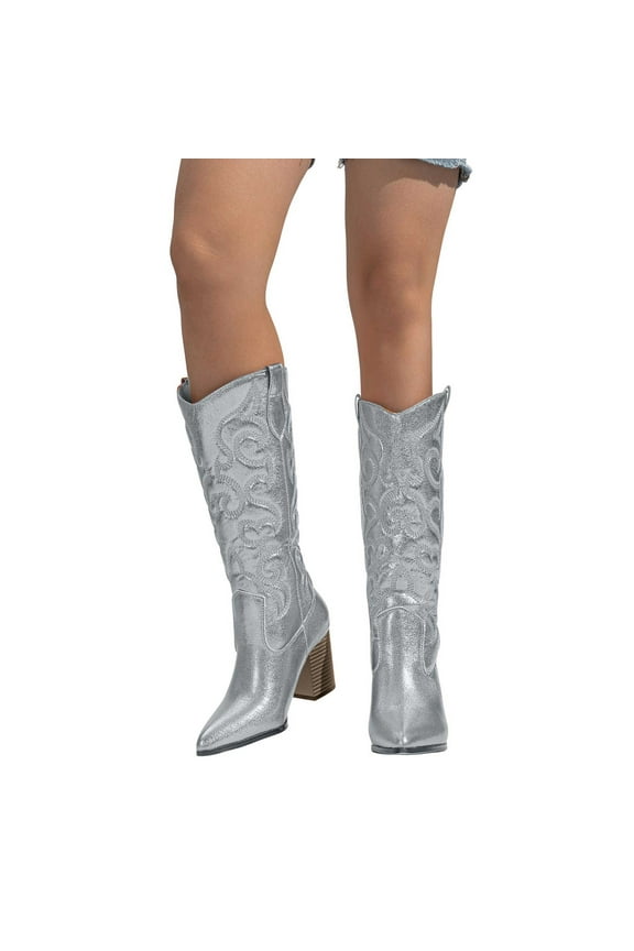 Knee High Cowboy Boots for Women Chunky High Heels Pull-on Embroidered Wide Calf Cowgirl Boots