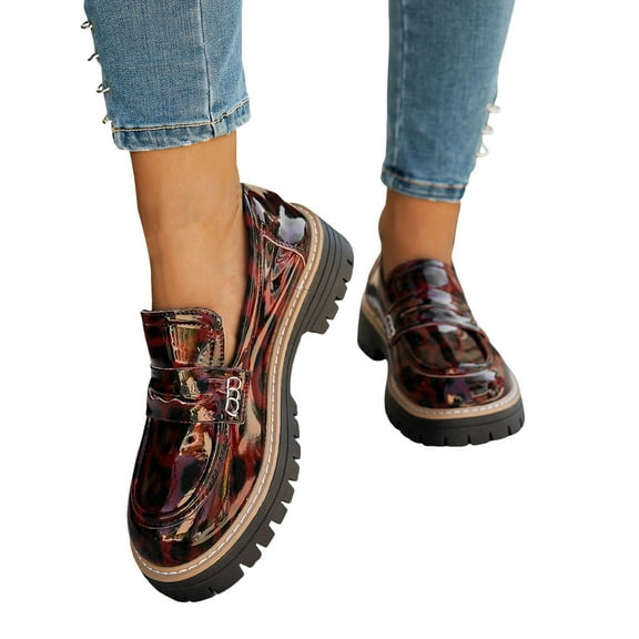 Juosiy Loafers for Women Comfortable Platform Slip On Dressy Shoes Fashion Print Leather Footwear