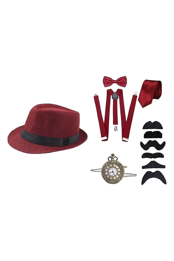 Men Solid Color Vintage Top Hat Pocket Watch Strap Tie 11pc Sets