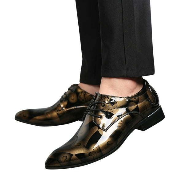 Juosiy Mens Shoes Fashion Business Pointed Toe Floral Patent Leather Classic Lace-up Formal Oxfords